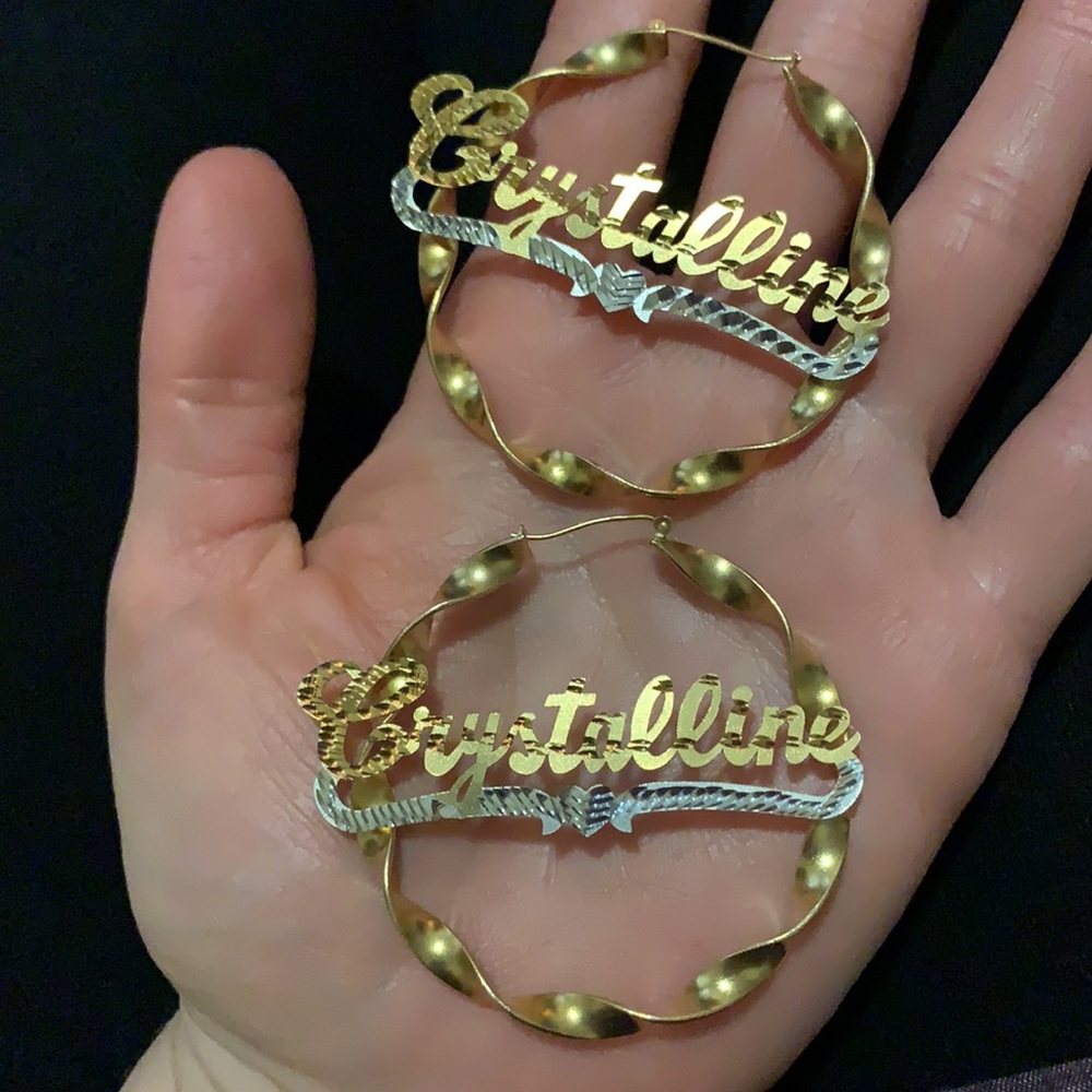 Tres Colori 18 Karat Gold Plated Nameplate Hoop Earrings: Crystal - Picture 1 of 13